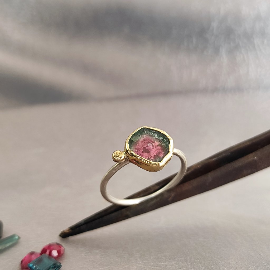 Tourmaline Ring Sterling Silver And 14k Yellow Gold Ring With Tourmaline Stone 198$